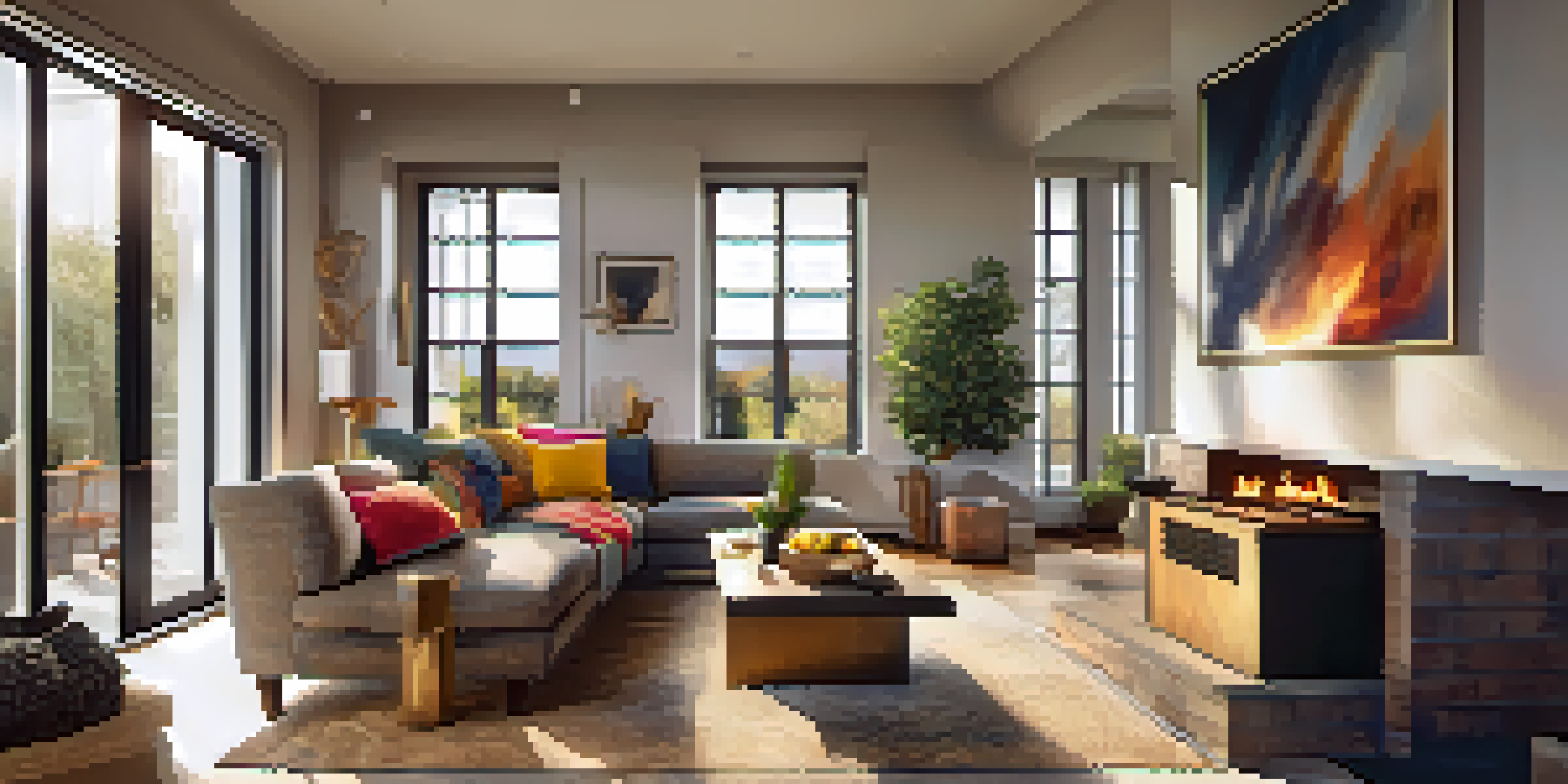 A warm and inviting living room with a modern fireplace, plush sofa, colorful cushions, and sunlight streaming through large windows.