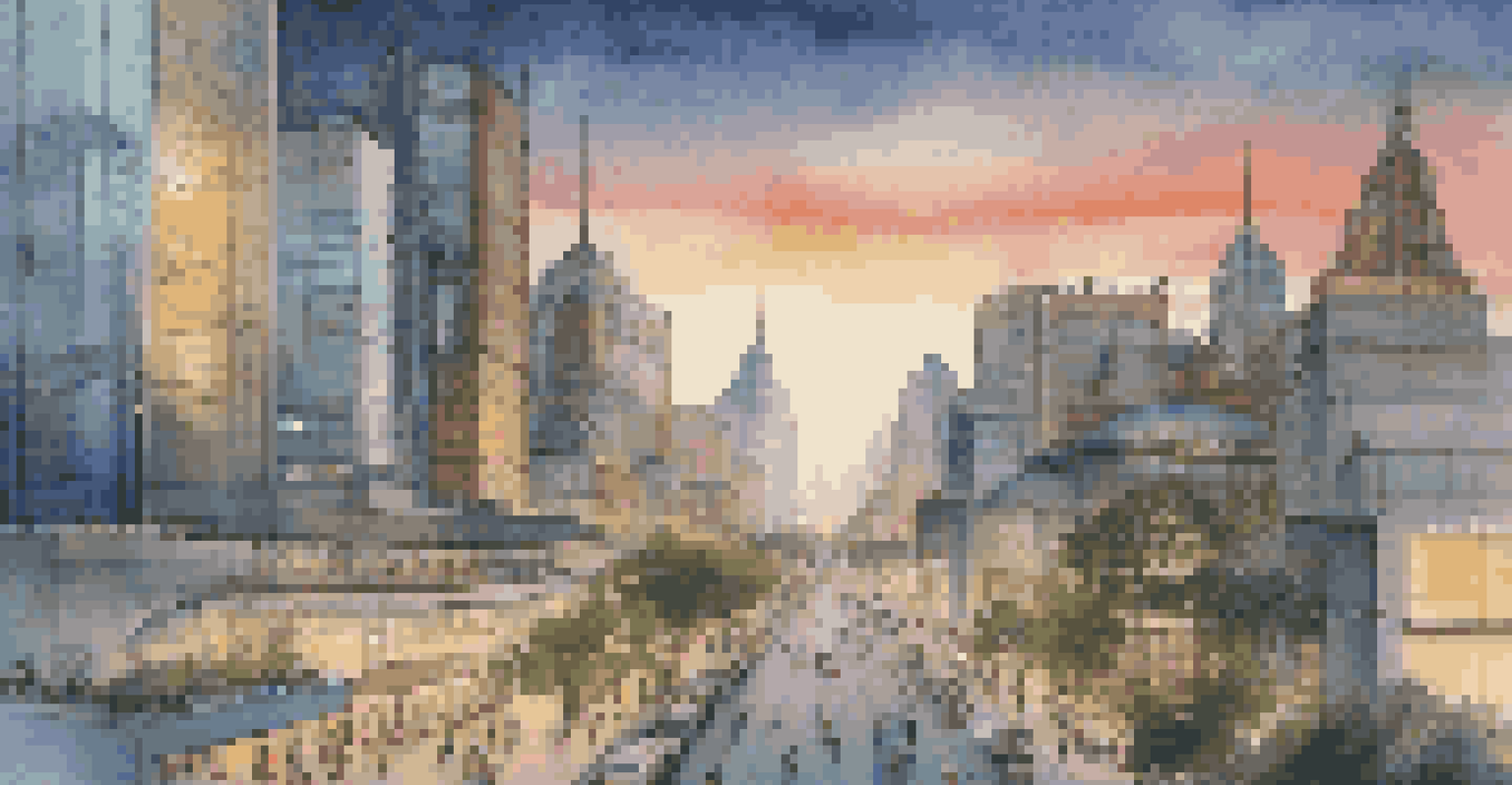 A city skyline at dusk showcasing modern and traditional buildings, with smart lighting and pedestrians on pathways.