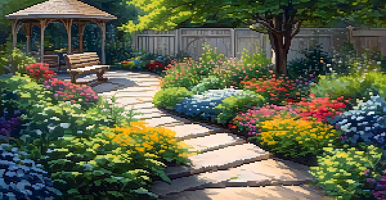 A vibrant garden with a stone pathway, colorful flowers, and a rustic bench under sunlight.