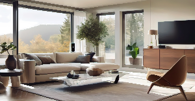 A modern living room with smart home devices including a thermostat and smart lighting, illuminated by natural light.