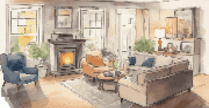 A modern living room with a smartphone showing a home security app and a live video feed from a door camera.