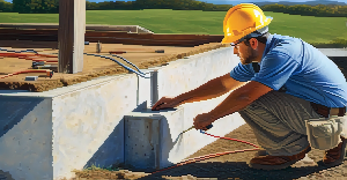 A property inspector examines the foundation of a house with a flashlight, kneeling on the ground under a clear blue sky.