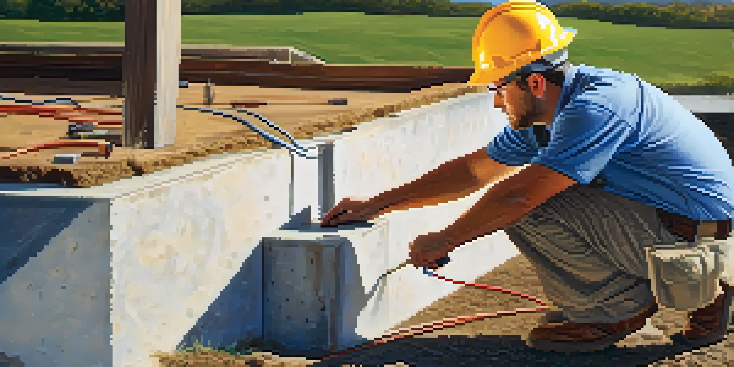 A property inspector examines the foundation of a house with a flashlight, kneeling on the ground under a clear blue sky.