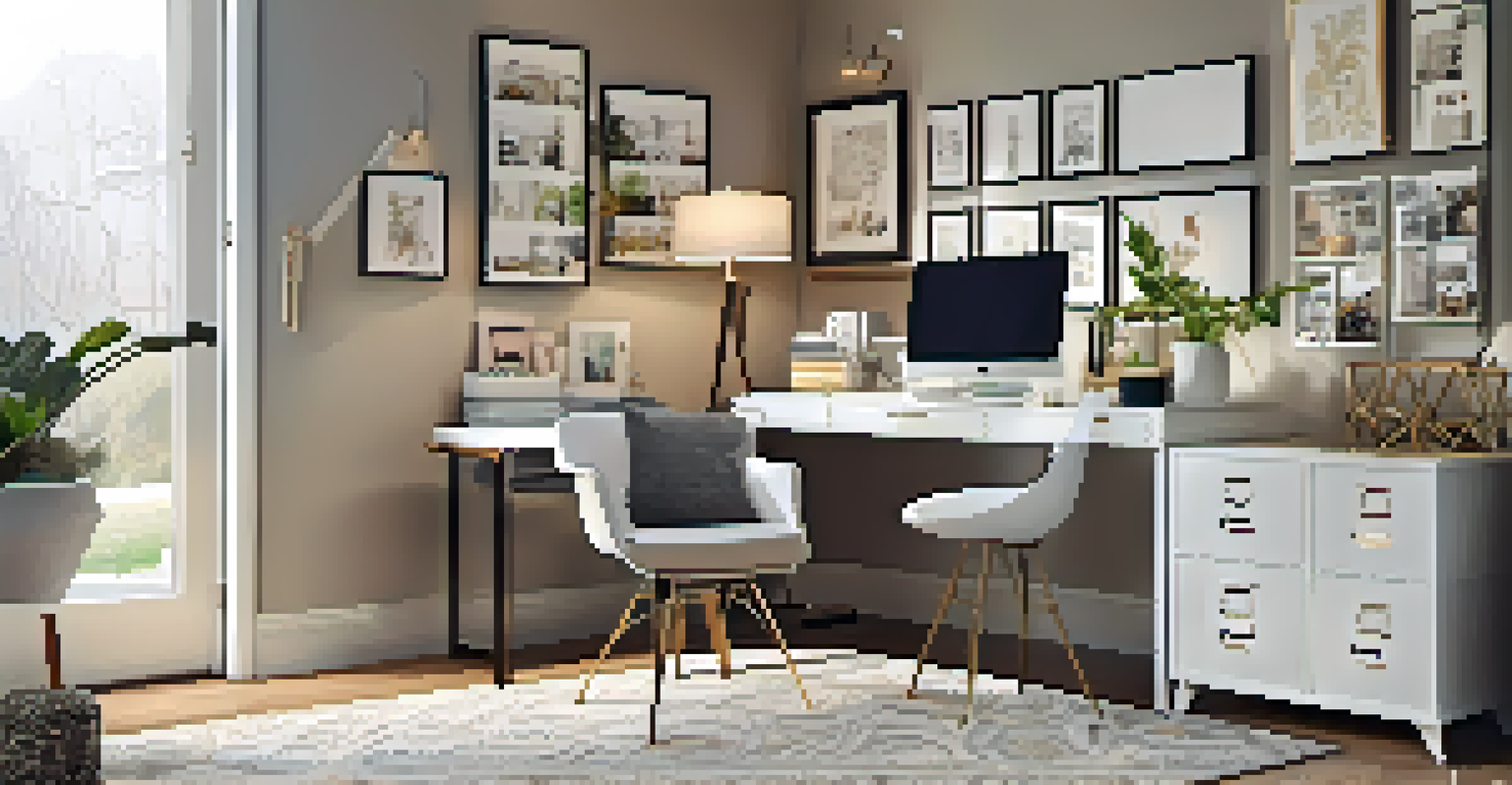An organized home office corner with a desk, chair, and decorative room divider, filled with natural light and personal touches.