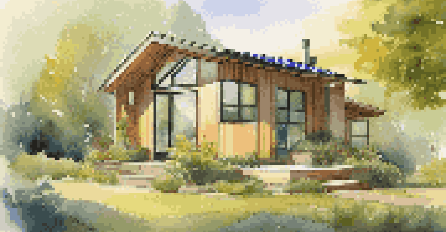 A tiny eco-friendly home surrounded by greenery, featuring solar panels and a garden.