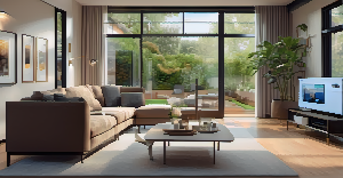 A cozy living room with a smart surveillance camera, warm lighting, and modern decor.