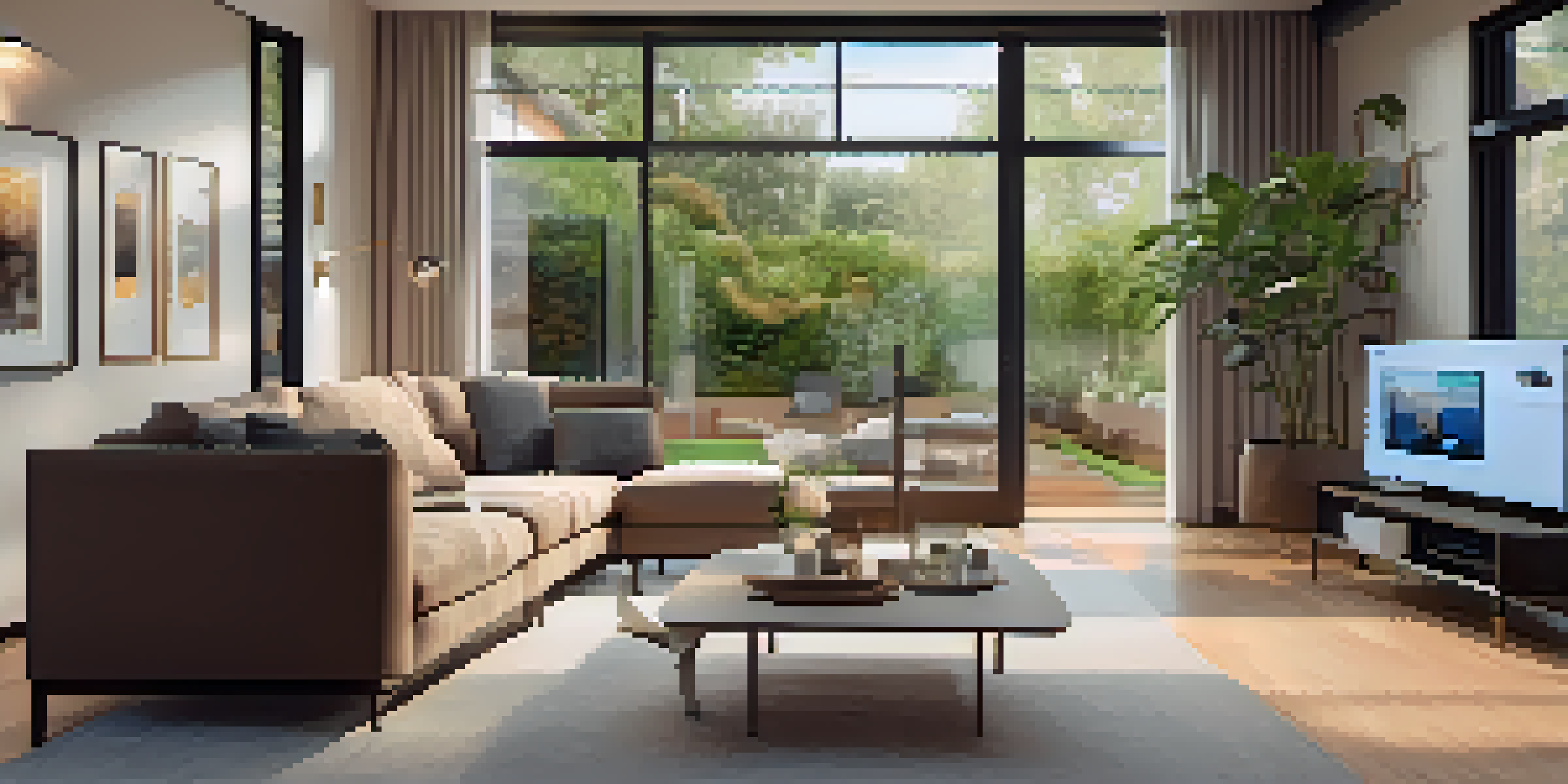 A cozy living room with a smart surveillance camera, warm lighting, and modern decor.