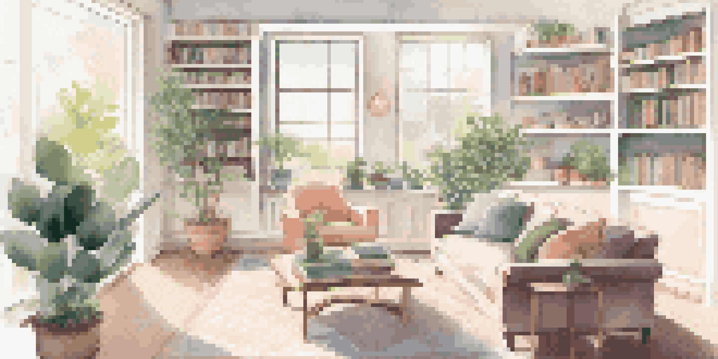 A cozy living room filled with natural light, featuring a sofa and neatly arranged bookshelf, decorated in soft pastel colors.