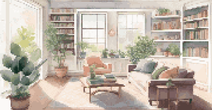 A cozy living room filled with natural light, featuring a sofa and neatly arranged bookshelf, decorated in soft pastel colors.