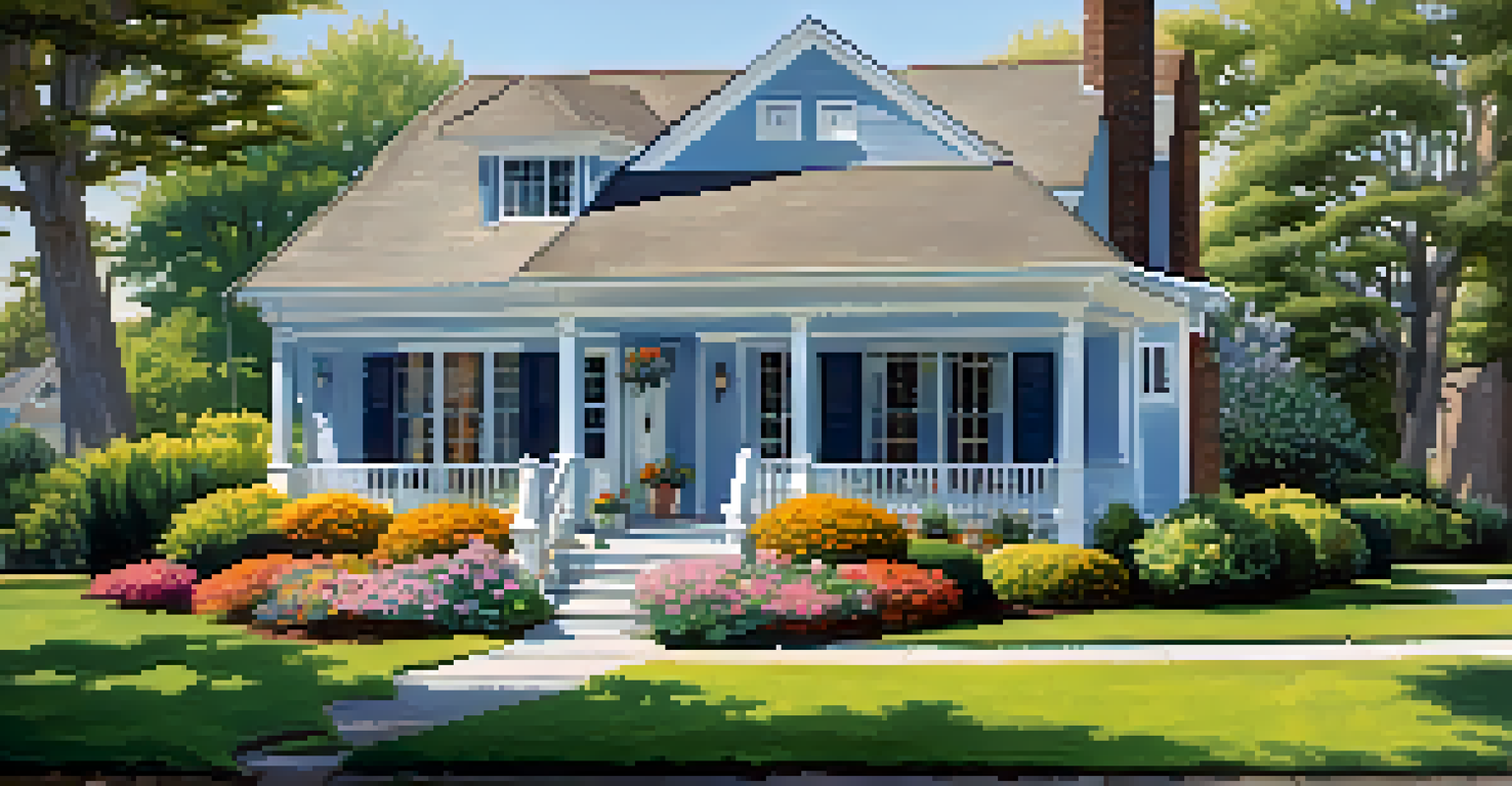 A suburban house with a well-maintained lawn and flower beds under a clear blue sky.