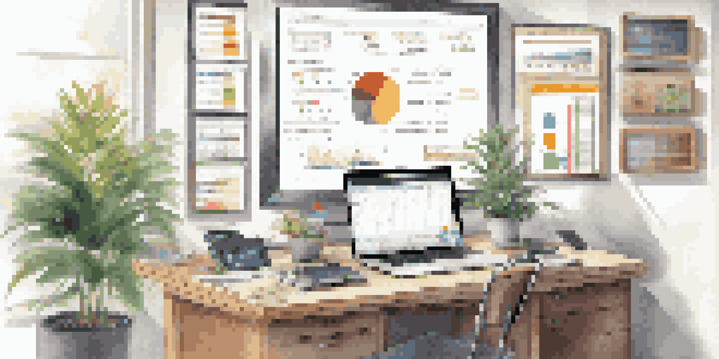 A neat workspace with a computer showing a project management dashboard, surrounded by organized stationery and a potted plant, bathed in natural light.