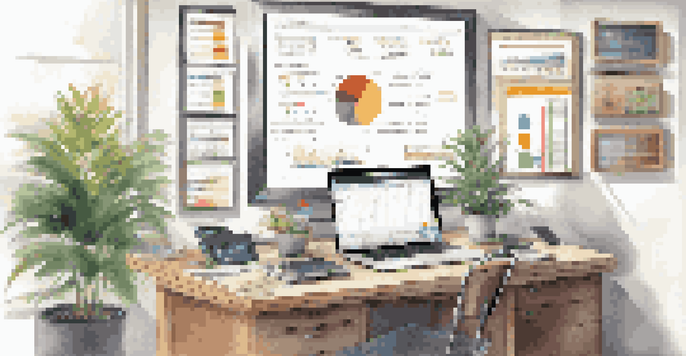 A neat workspace with a computer showing a project management dashboard, surrounded by organized stationery and a potted plant, bathed in natural light.