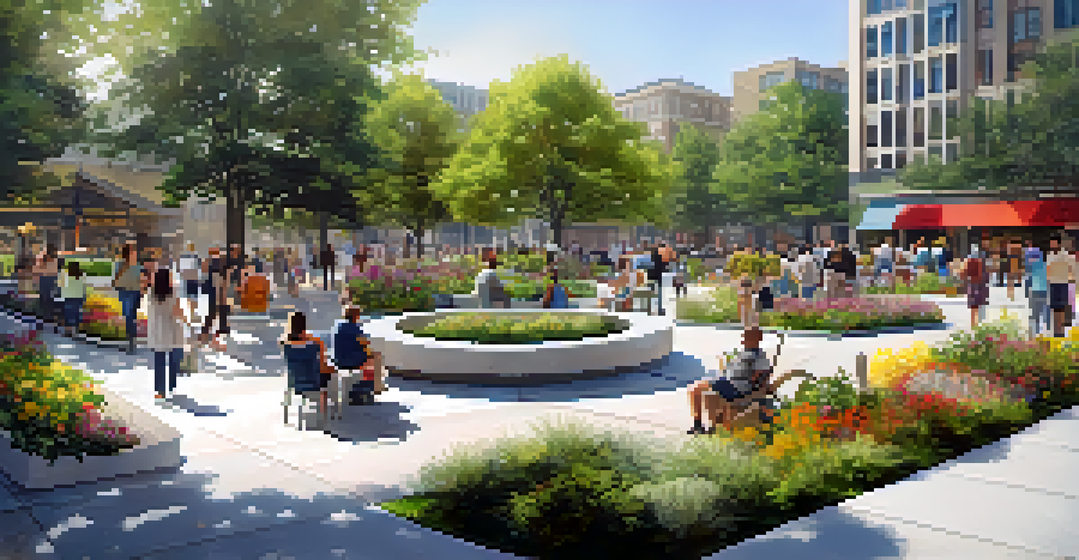 An inclusive urban plaza with diverse people interacting, showcasing accessible design and public art.