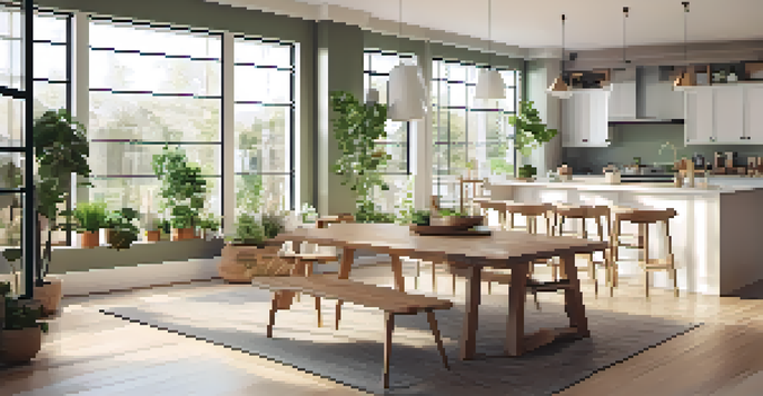 A spacious open floor plan connecting a kitchen, dining area, and living room with large windows letting in natural light.