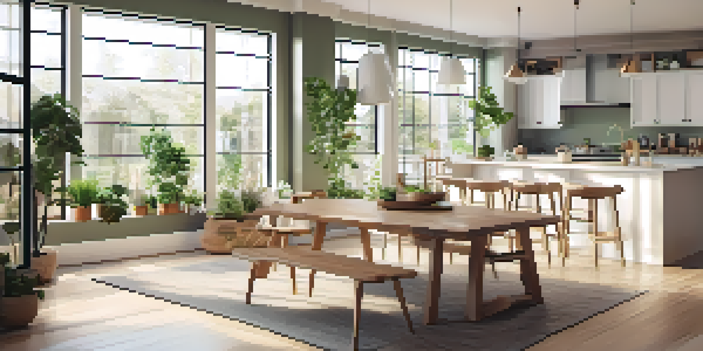 A spacious open floor plan connecting a kitchen, dining area, and living room with large windows letting in natural light.
