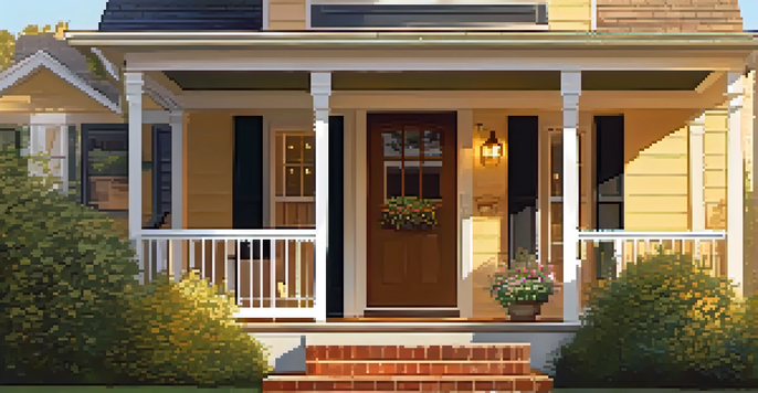 A sunny front porch of a charming suburban home, featuring potted plants and a rocking chair, conveying a warm and inviting atmosphere.
