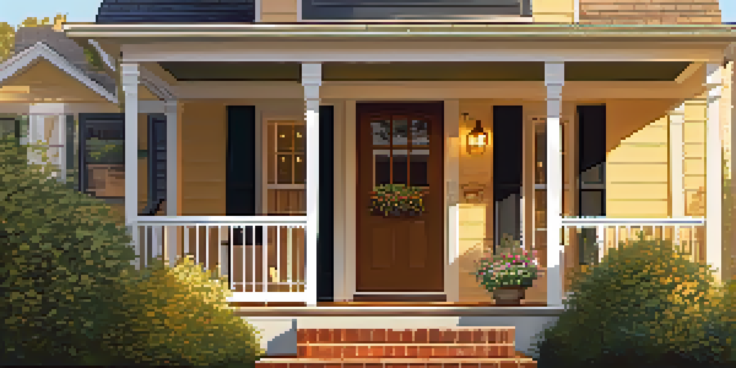 A sunny front porch of a charming suburban home, featuring potted plants and a rocking chair, conveying a warm and inviting atmosphere.