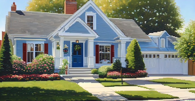 A joyful first-time homebuyer holding a 'Sold' sign in front of a charming house in a sunny suburban neighborhood.