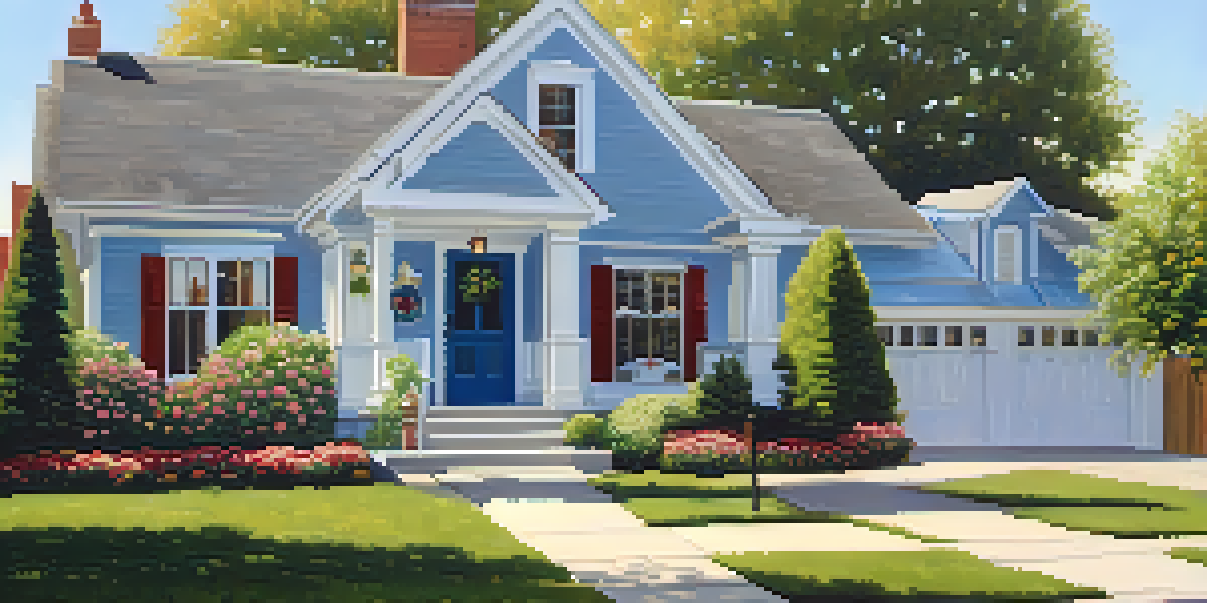 A joyful first-time homebuyer holding a 'Sold' sign in front of a charming house in a sunny suburban neighborhood.