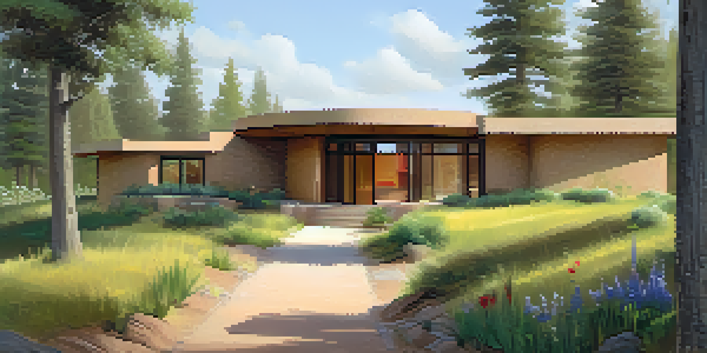 A modern eco-friendly home made of adobe and rammed earth, surrounded by greenery and wildflowers in a sunlit landscape.