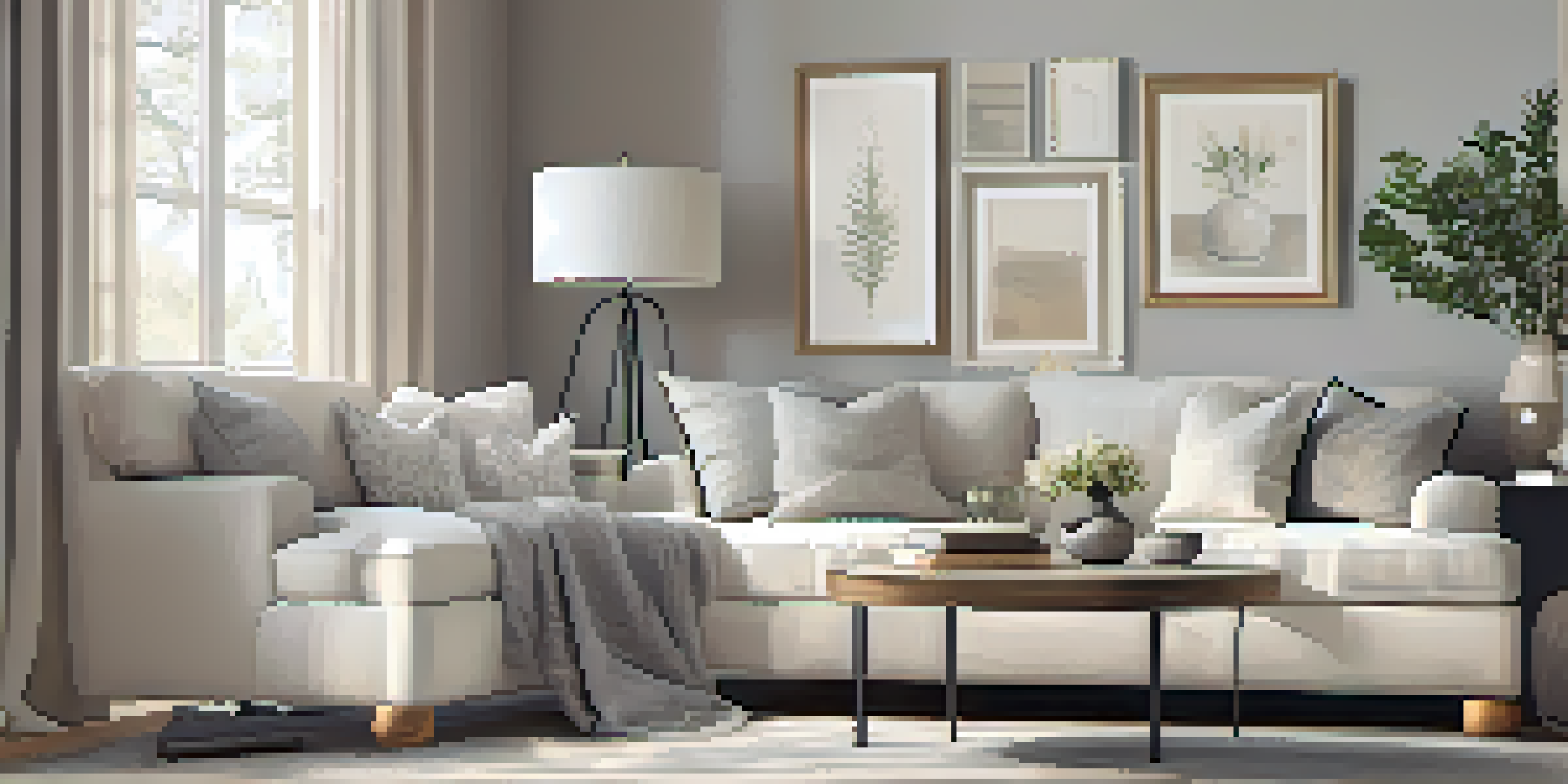 A bright and inviting living room with soft gray and white tones, featuring comfortable seating and natural light coming through a large window.