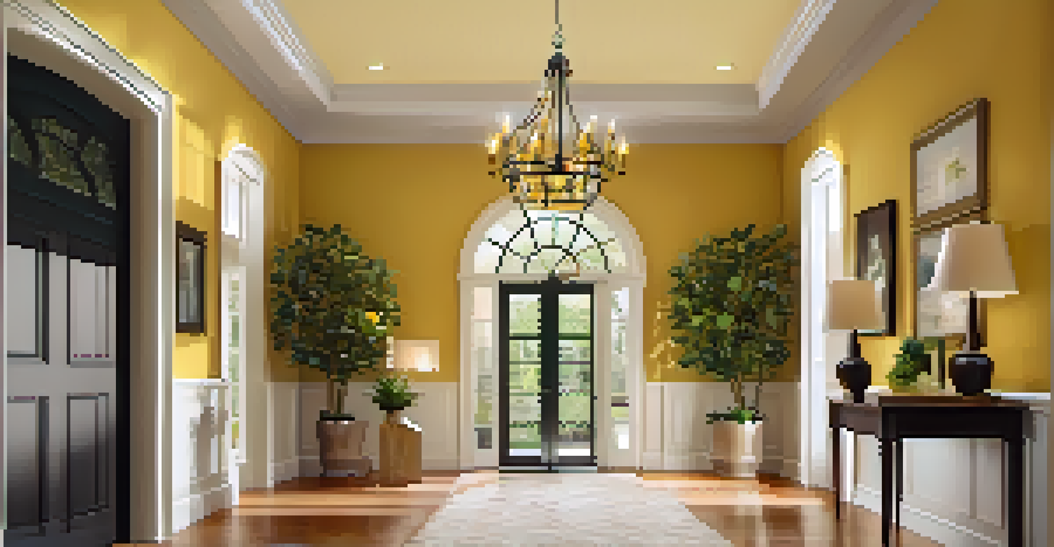 An elegant entryway with a chandelier, warm yellow walls, a decorative table, and green plants, all softly lit for a cozy atmosphere.