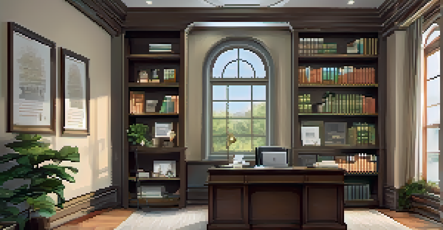 An elegant home office with a wooden desk, a laptop, and bookshelves filled with books.