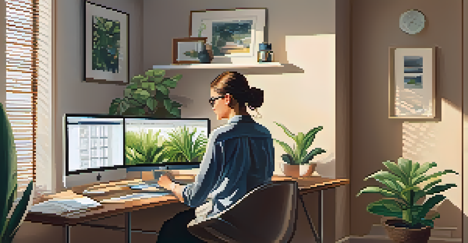 A person working at a home office desk, using a laptop to input data into a mortgage calculator, with a houseplant and coffee cup in the background.