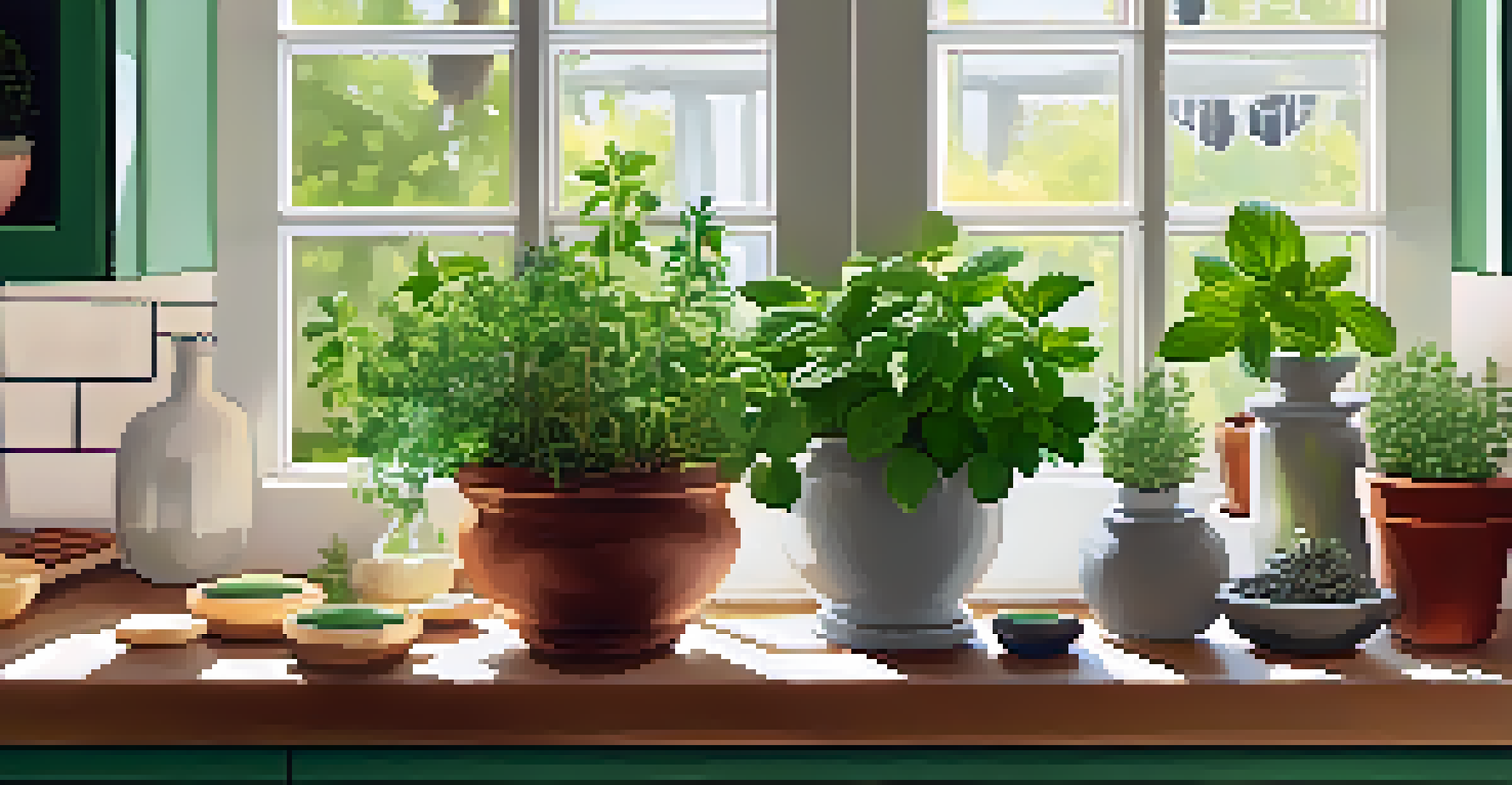 A sunny kitchen with a small herb garden on the windowsill, showcasing pots of mint, rosemary, and basil, complemented by decorative stones and candles.