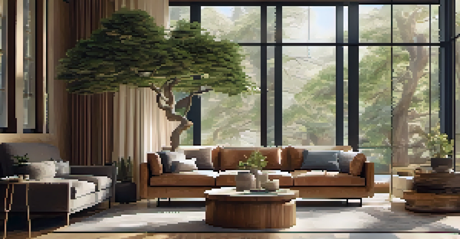 A cozy living room with a large potted tree, natural light, and earthy colors, promoting relaxation.
