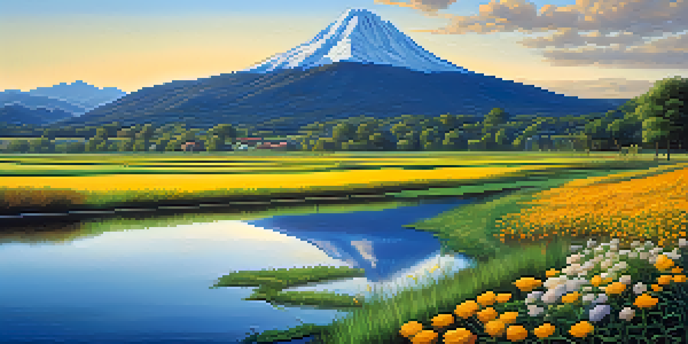 A landscape illustrating the four phases of a market cycle with blooming fields, a mountain, a sunset, and a calm lake.