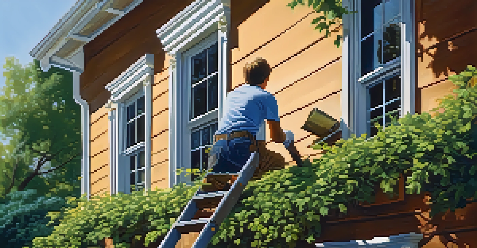 A person cleaning gutters on a house surrounded by greenery under a clear blue sky.