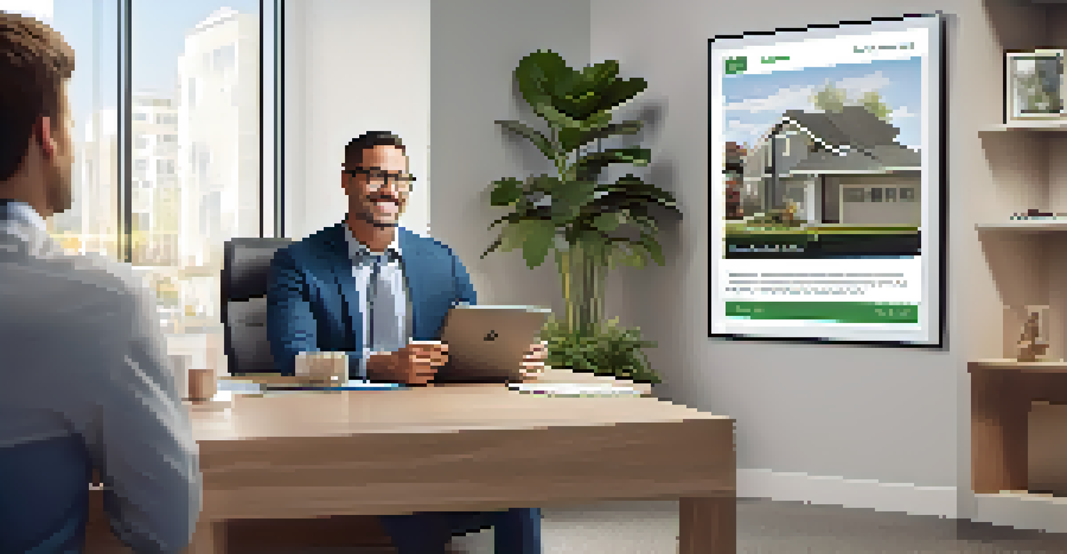 A real estate agent showing a property listing to a first-time buyer in a modern office setting.