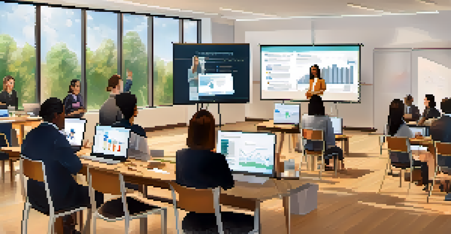 A diverse audience at an educational workshop, attentively listening to a presenter discussing investment strategies with a large screen.