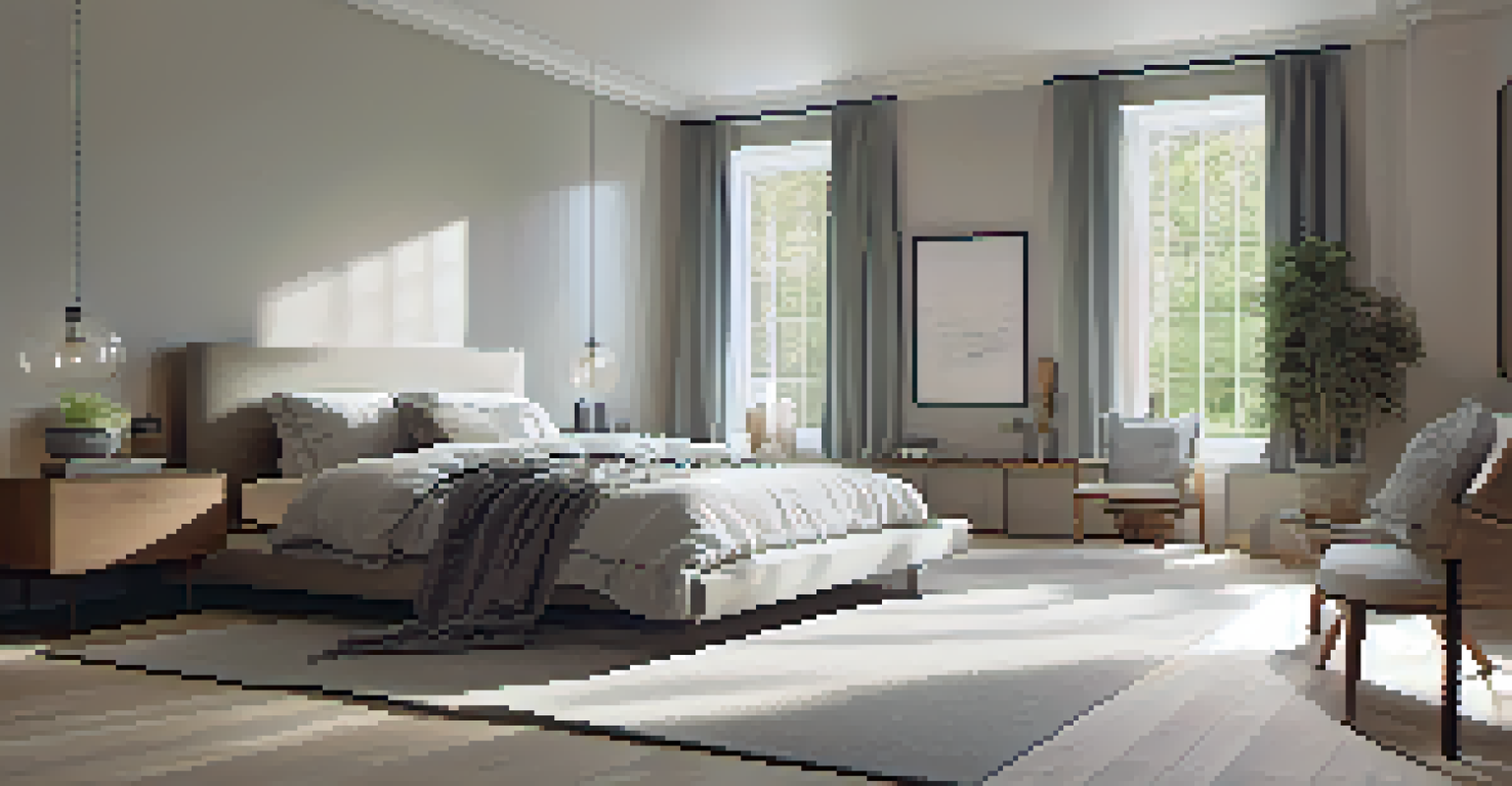 A peaceful bedroom with natural light, showcasing a neatly made bed and soft shadows, creating a calming atmosphere.