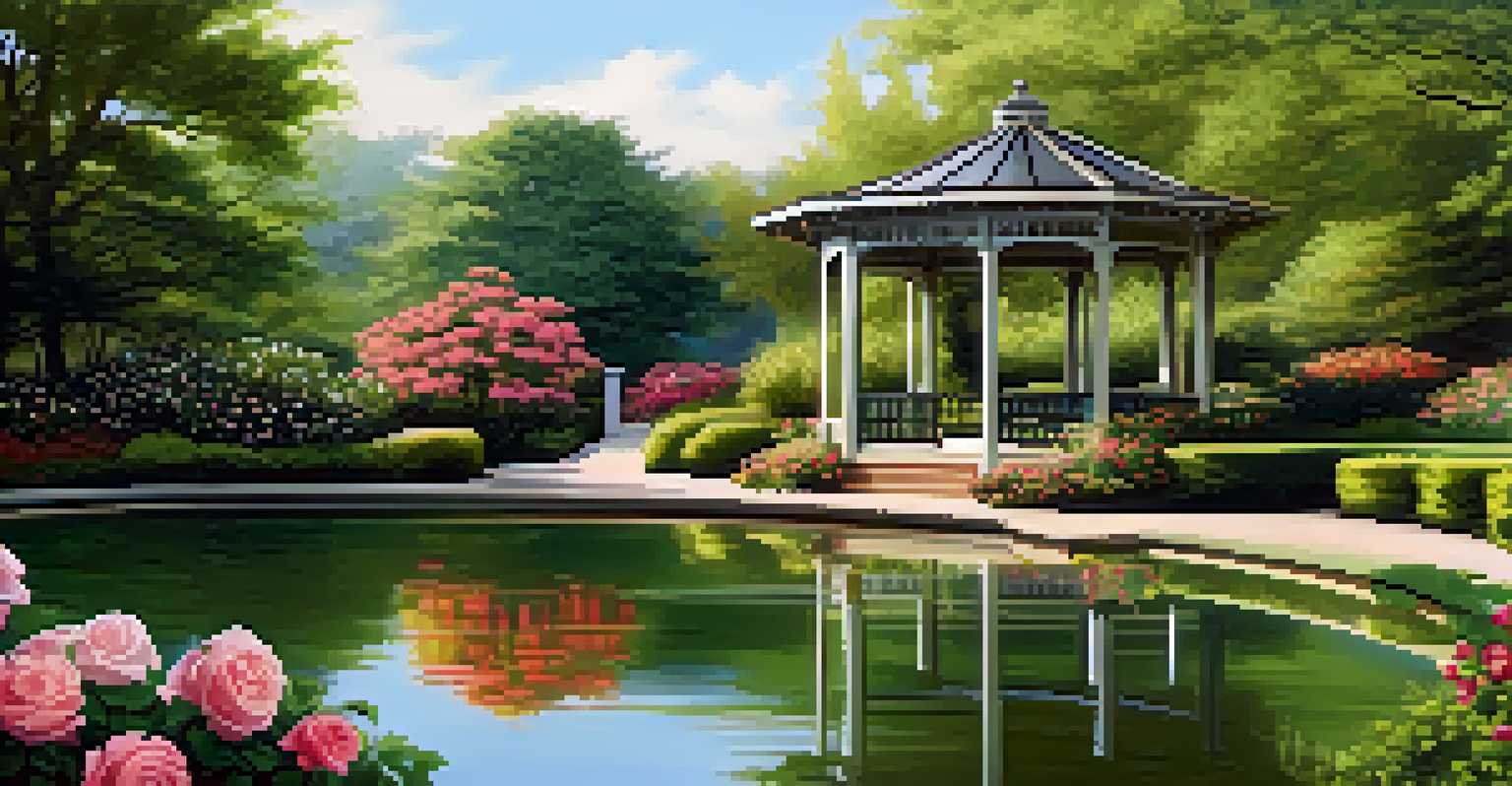A peaceful outdoor gazebo surrounded by greenery and flowering shrubs, with climbing roses and a pond in the background.