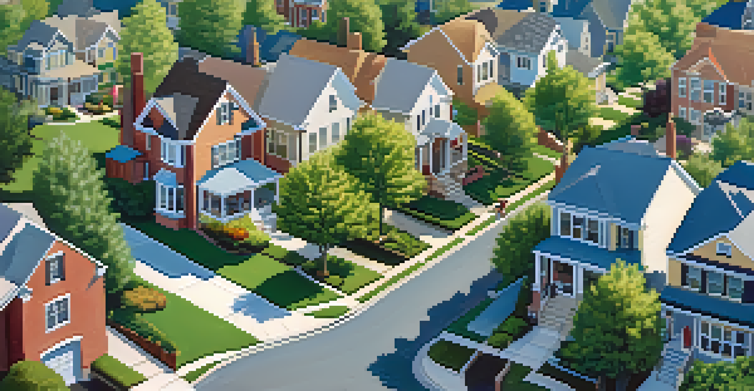 An aerial view of a suburban neighborhood with tree-lined streets and families outdoors.