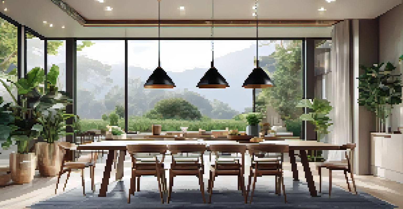 A stylish dining area in an open floor plan, featuring a long wooden table, modern chairs, and large windows showcasing a garden view.