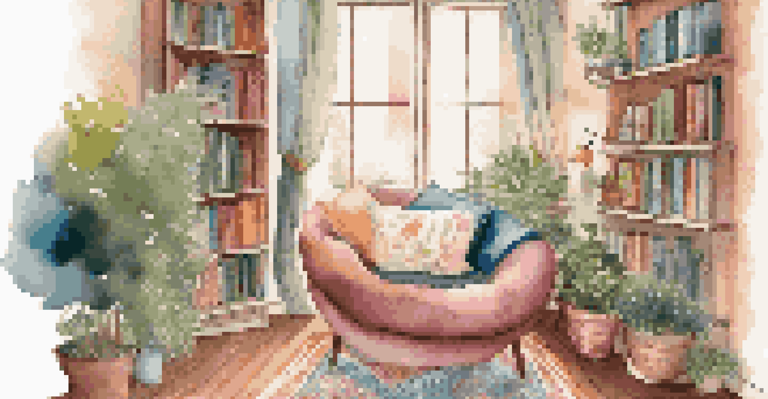 A tranquil reading nook with a bean bag chair, bookshelves filled with colorful books, and soft fairy lights, creating a cozy atmosphere.