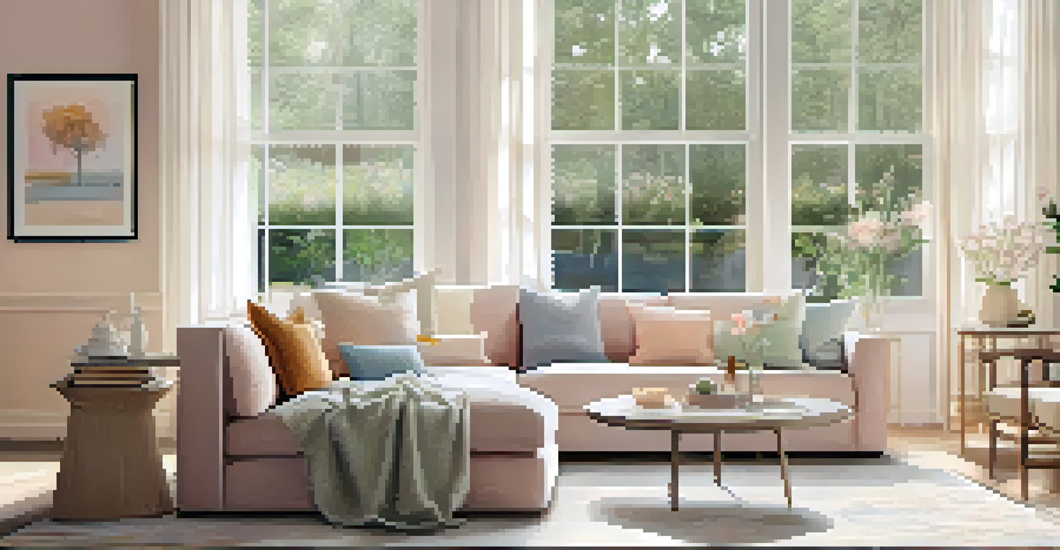 A bright living room filled with natural light, featuring sheer curtains and pastel-colored decor, a cozy sofa, and a coffee table with fresh flowers.