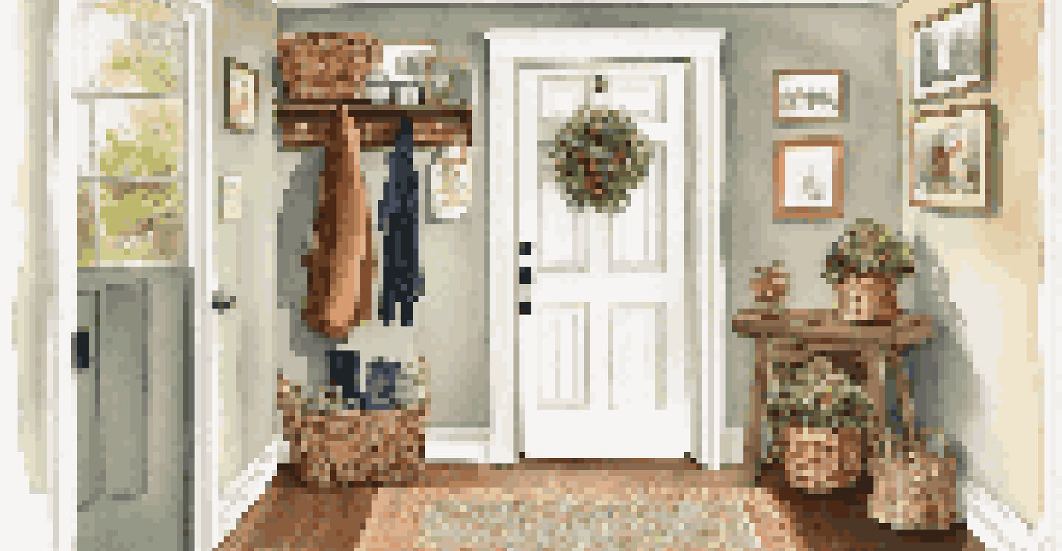 A compact entryway featuring tall coat racks, family photos, and a basket for storage, all in a warm, inviting light.