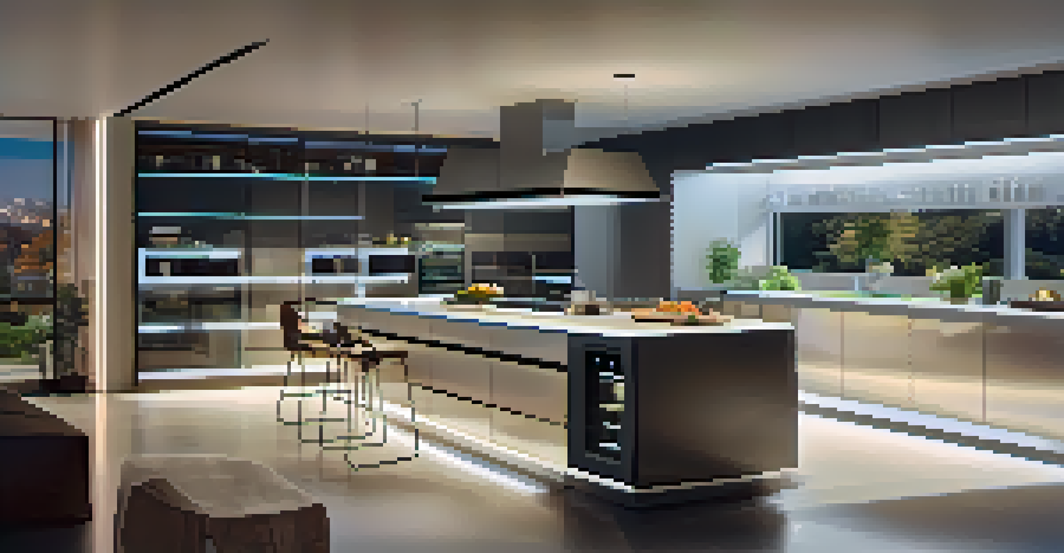 A futuristic kitchen with integrated smart devices and a central hub, featuring a smart fridge and ambient lighting.