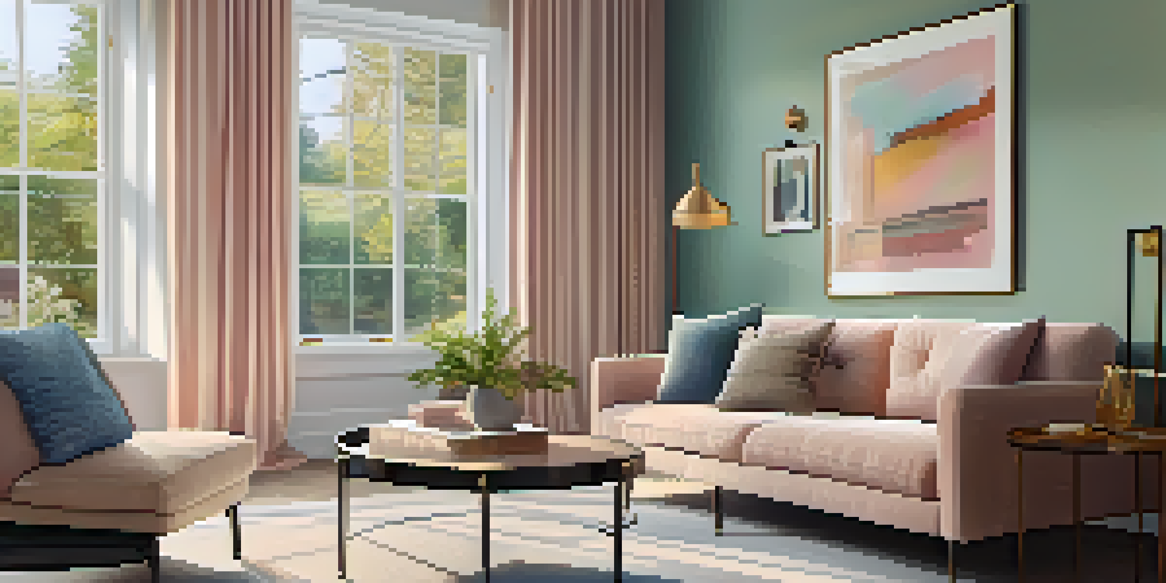 A well-lit modern living room with a large mirror reflecting light from a window, a cozy sofa, and colorful artwork.