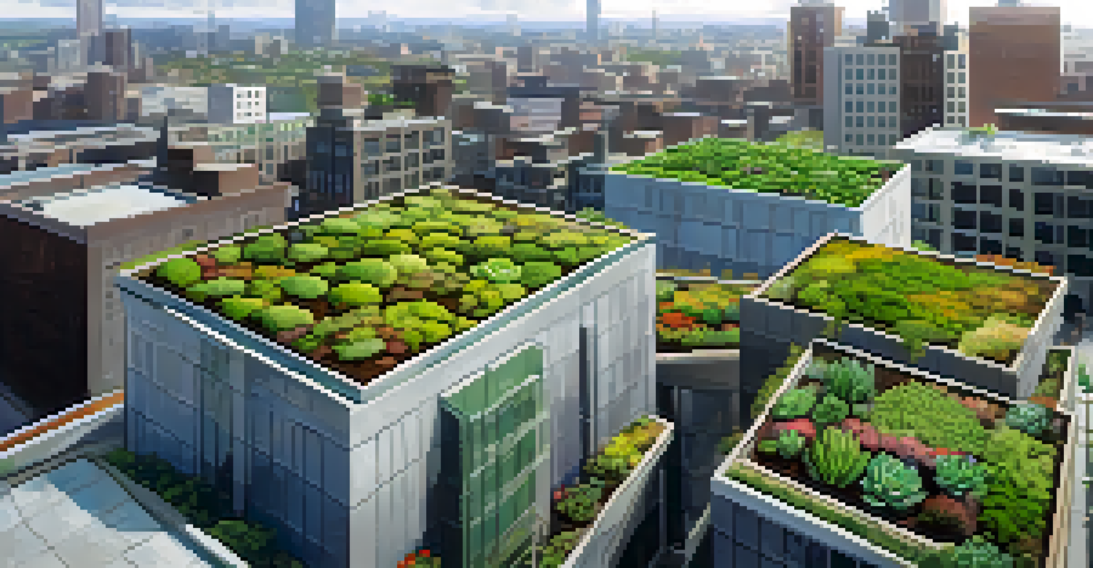 Aerial view of a city showcasing buildings with green roofs covered in diverse plants, illustrating the integration of nature in urban settings.