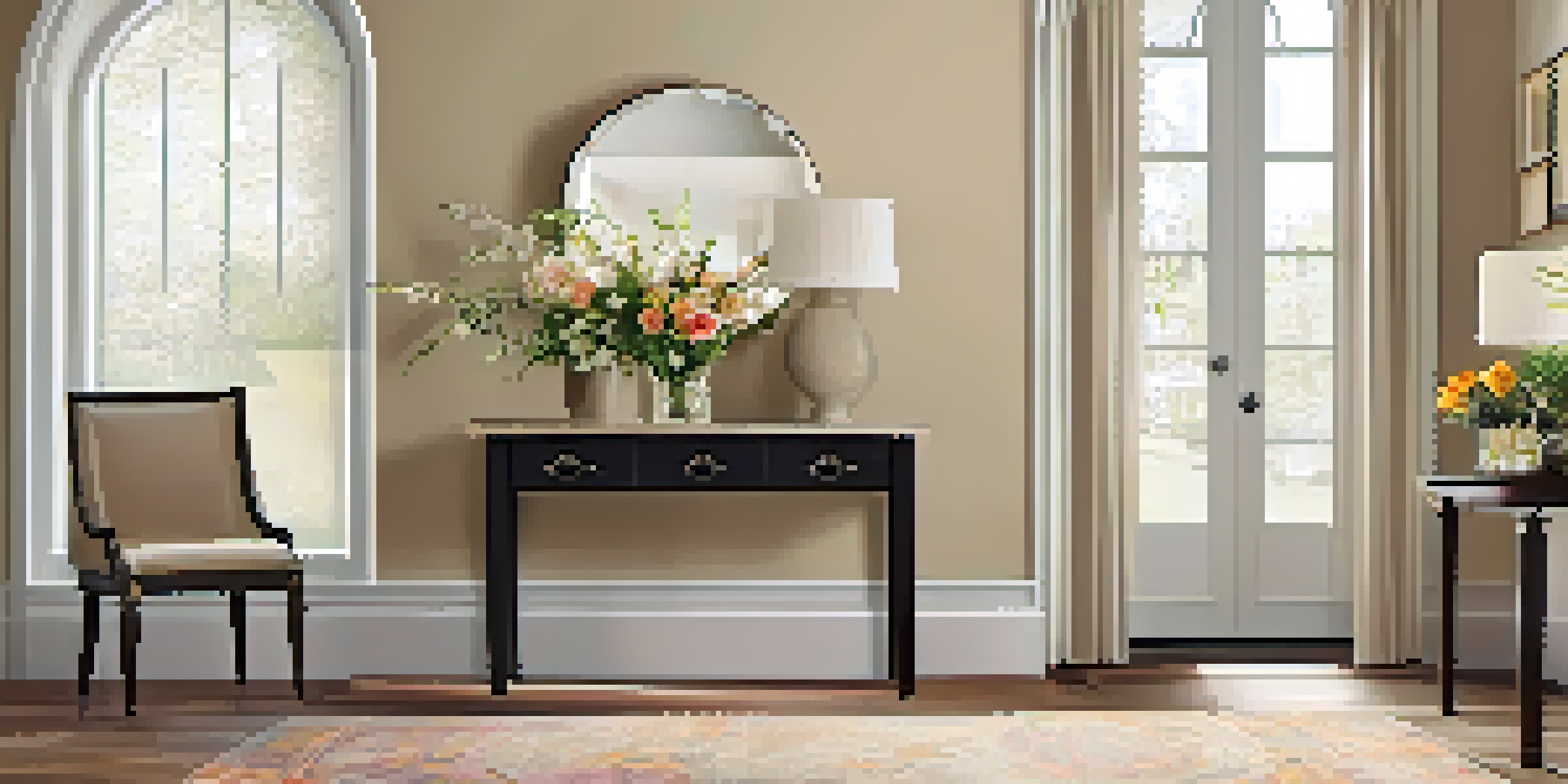 A well-decorated entryway with satin-finish beige walls, natural light, a console table with flowers, and a mirror.