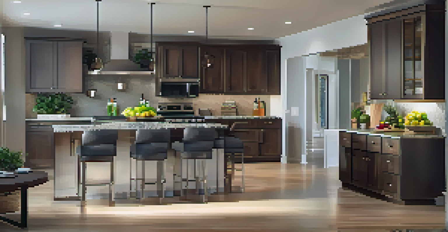 A stylish kitchen featuring modern appliances, granite countertops, and warm lighting, creating a functional and inviting cooking space.