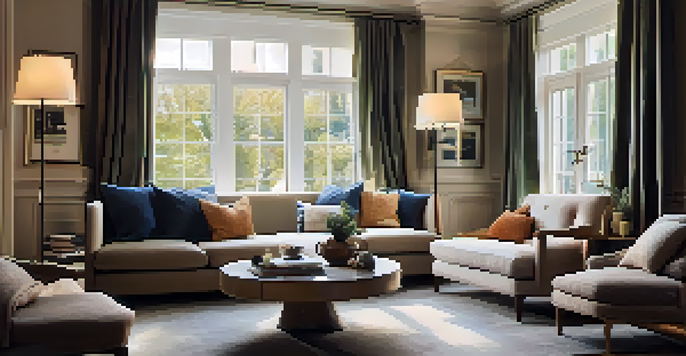 A cozy living room with a soft sofa, plush cushions, ambient lighting, and a round coffee table, arranged for conversation and bathed in natural light.