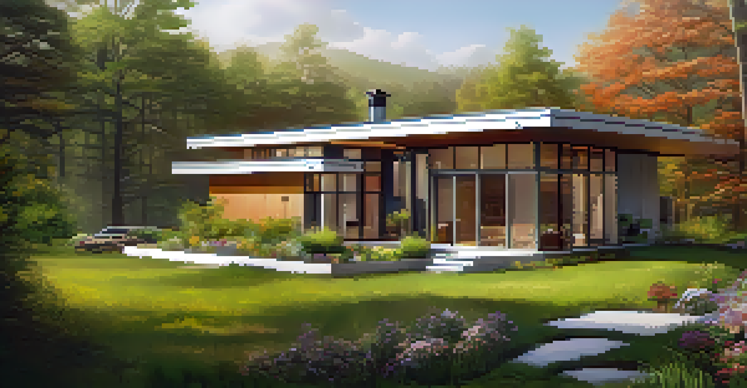 An eco-friendly home with solar panels and a green roof in a natural setting.