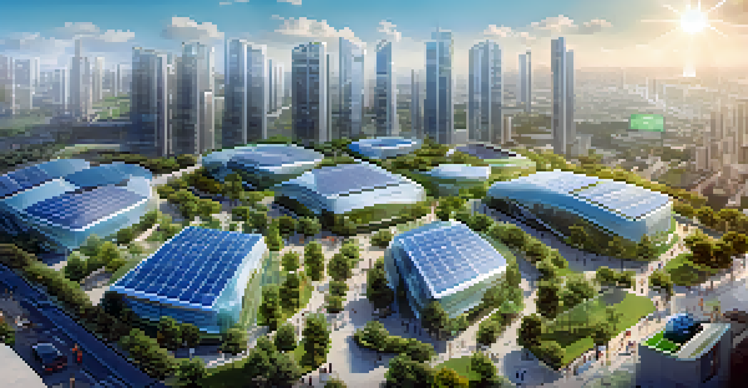 Aerial view of a smart city featuring solar panels, green parks, and smart waste bins, with people enjoying outdoor activities under a clear sky.