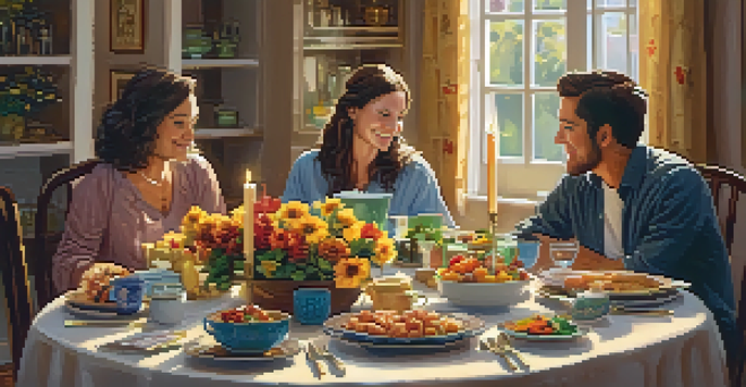 A warm family dinner scene with a beautifully set table, diverse family members sharing food and laughter in a cozy atmosphere.